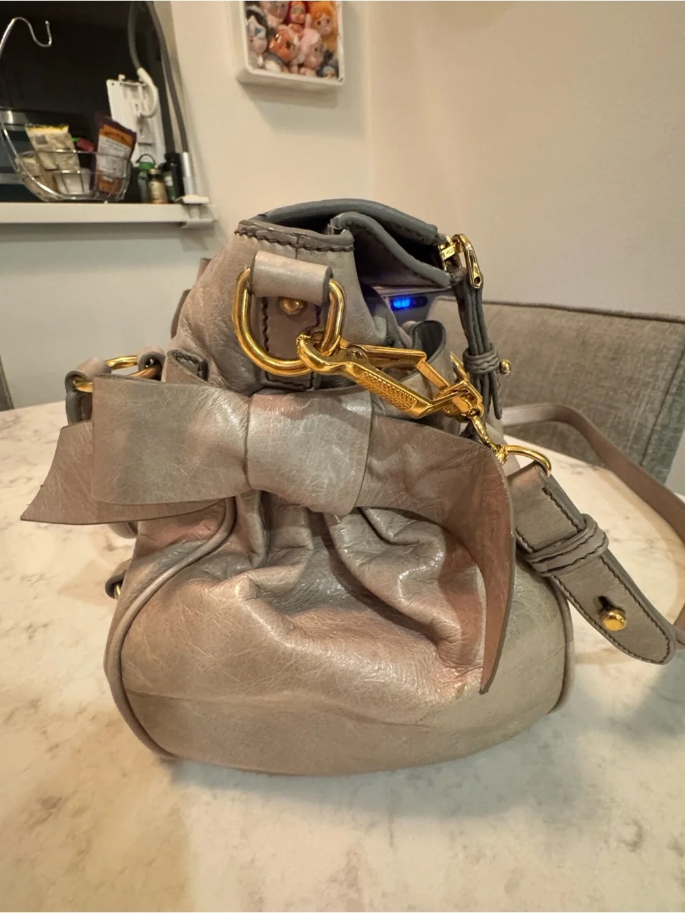 Miu Miu Vitello Lux Bow Bag Nube Gray Leather Satchel